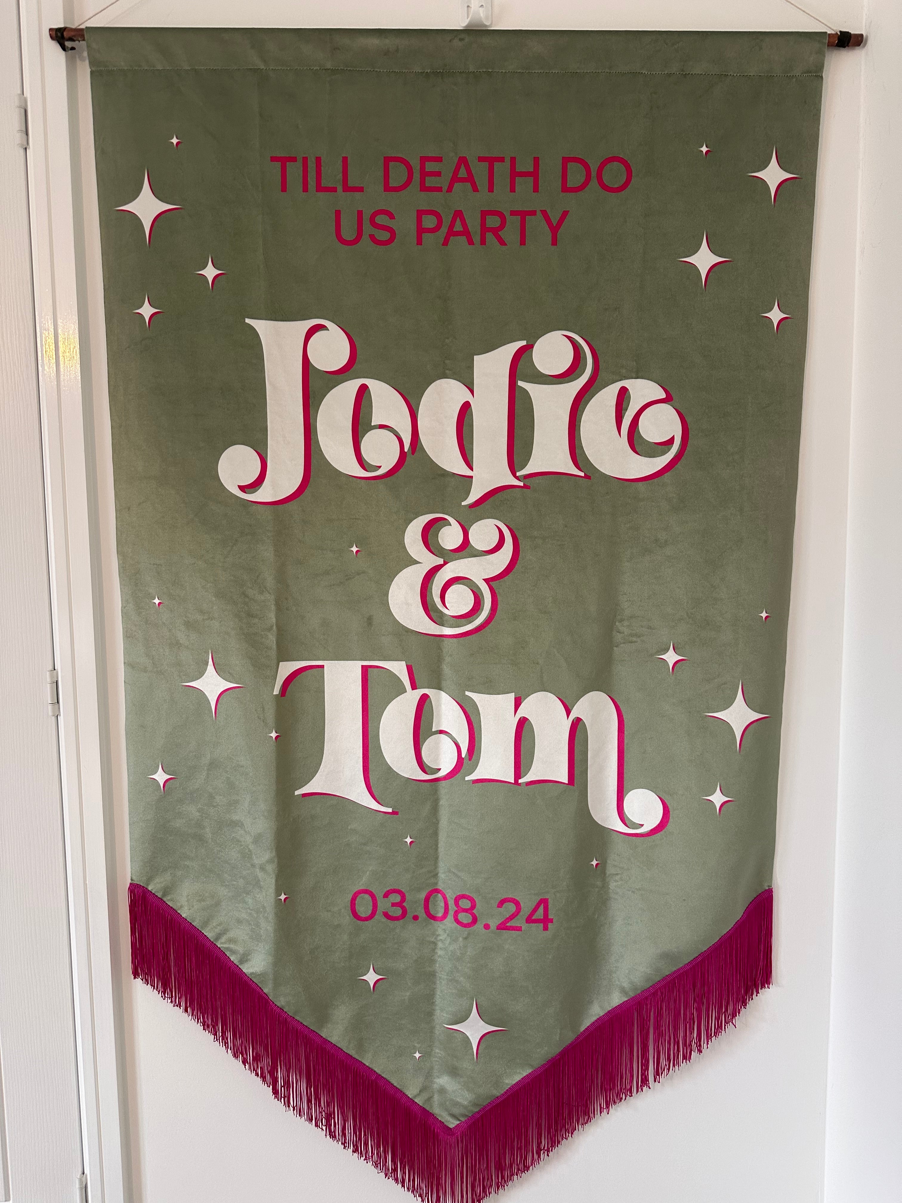 Custom velvet wedding banner, Personalized wedding decor, Luxury wedding banner, Velvet wedding sign, Elegant wedding decoration, Custom wedding signage, Velvet ceremony banner, Wedding name banner, Romantic wedding decor, Personalized wedding banner, Customized velvet sign, Wedding aisle banner, Sophisticated wedding decor, Premium velvet banner, Wedding reception sign.