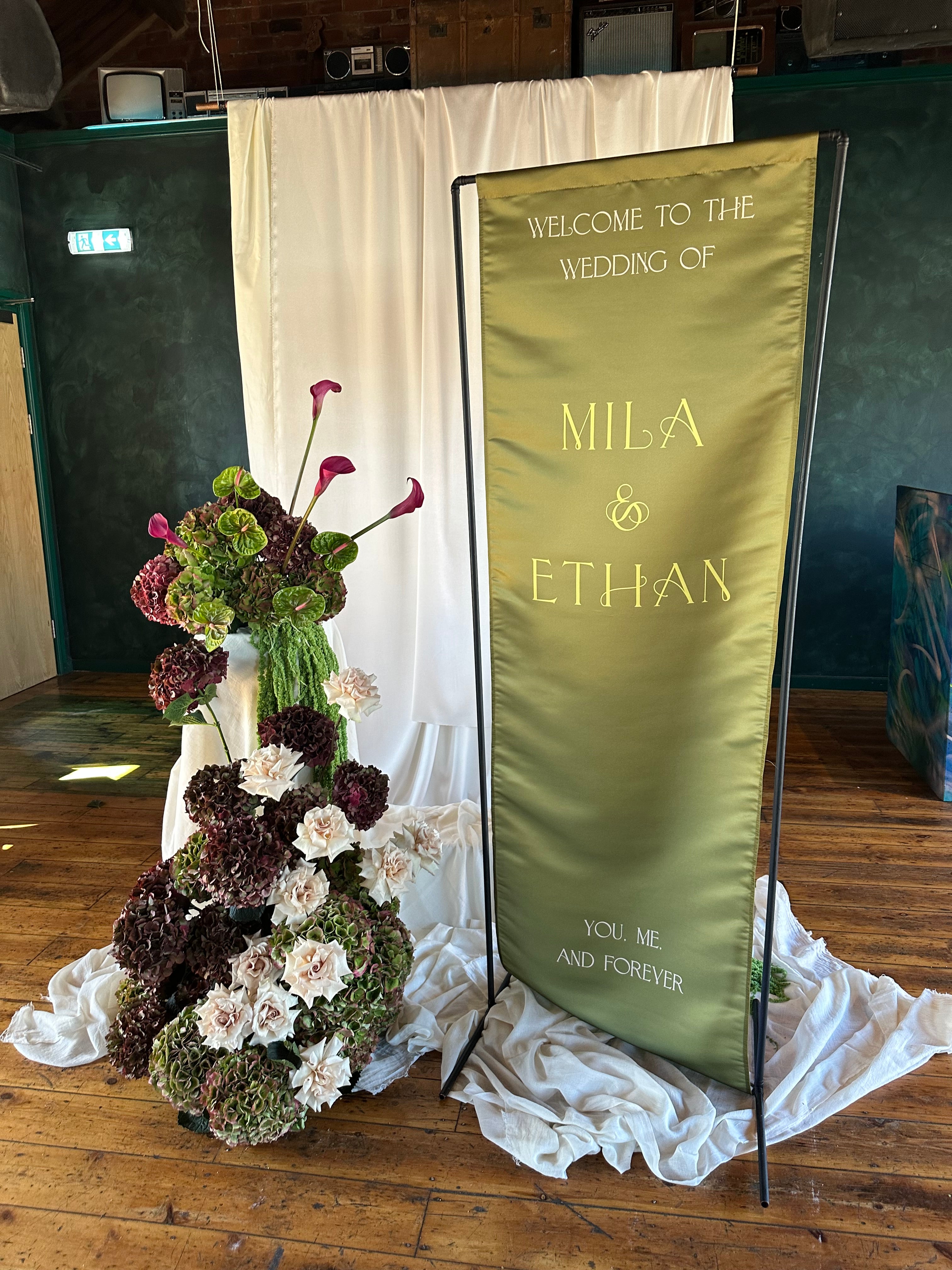 satin banner, satin wedding banner, linen wedding banner, fabric wedding sign, fabric wedding welcome